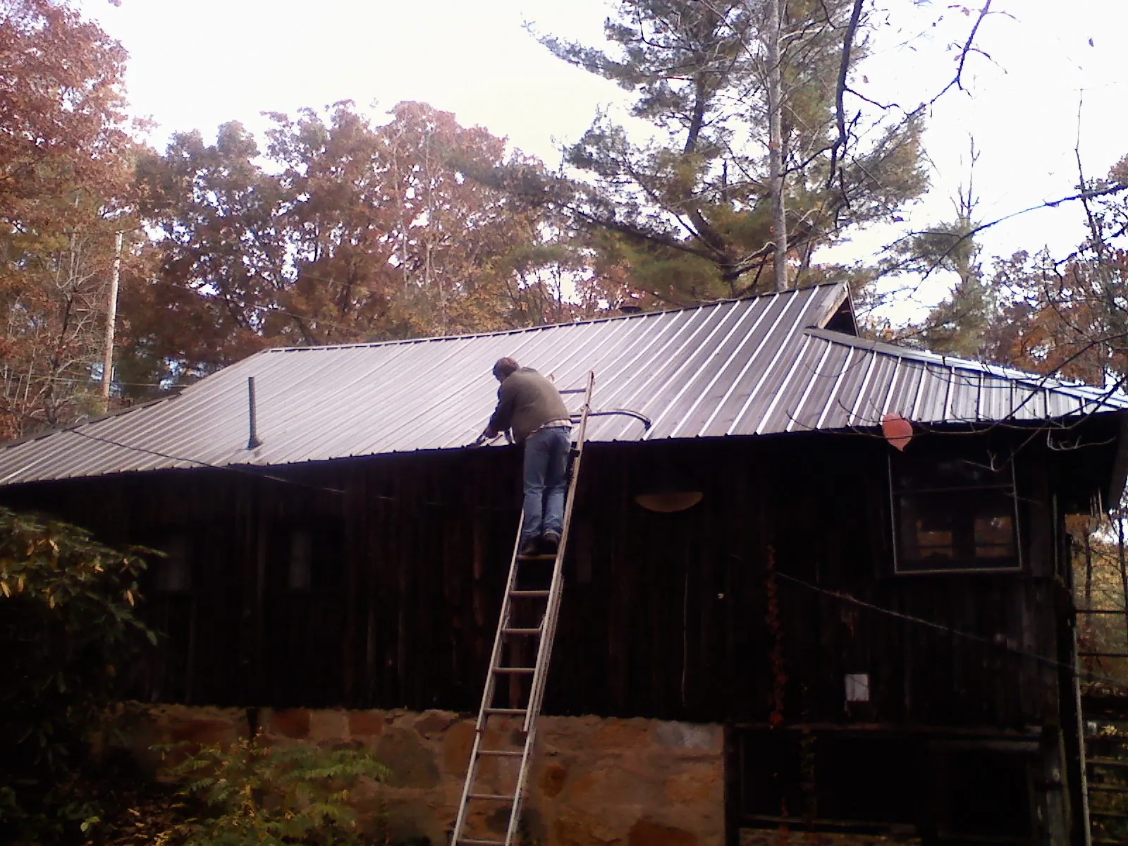 Roofer on a ladder working along the edge of a cabin metal roof in Royal Oak